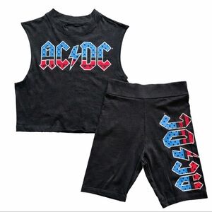 AC/DC Crop Tank & Biker Shorts Set Black Patriotic Graphic Size M NWT